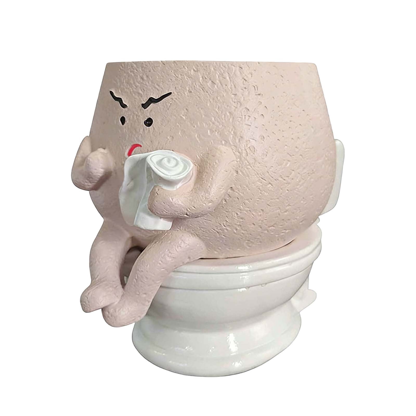 YANDE-5in Face Flower Pots, Cute Planter Outdoor Handmade Resin Head Planters for Indoor Self Watering Toilet Succulent Pot with Drainage Hole Unique Home Decor Quirky Gardening Gift (Khaki)