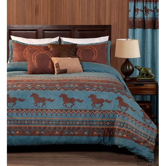 Chezmoi Collection Sedona 7-Piece Southwestern Wild Horses Microsuede Comforter Set, King, Turquoise Blue