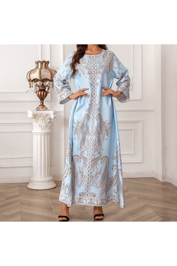 Womens Long Sleeve Crew Neck Embroidered Maxi Dress, Loose - Fit Ethnic Style Gown, Casual Daily Wear