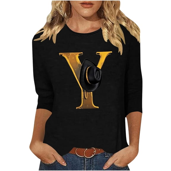 Ruimatai Women's Western Print 3/4 Sleeve T-Shirt Casual Comfortable Stylish Blouse Soft Breathable Fashion Top