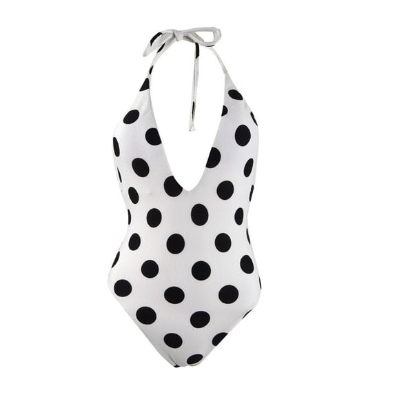 Bar III Women's Polka-Dotted Plunging One-Piece Swimsuit (White/Black, XS)