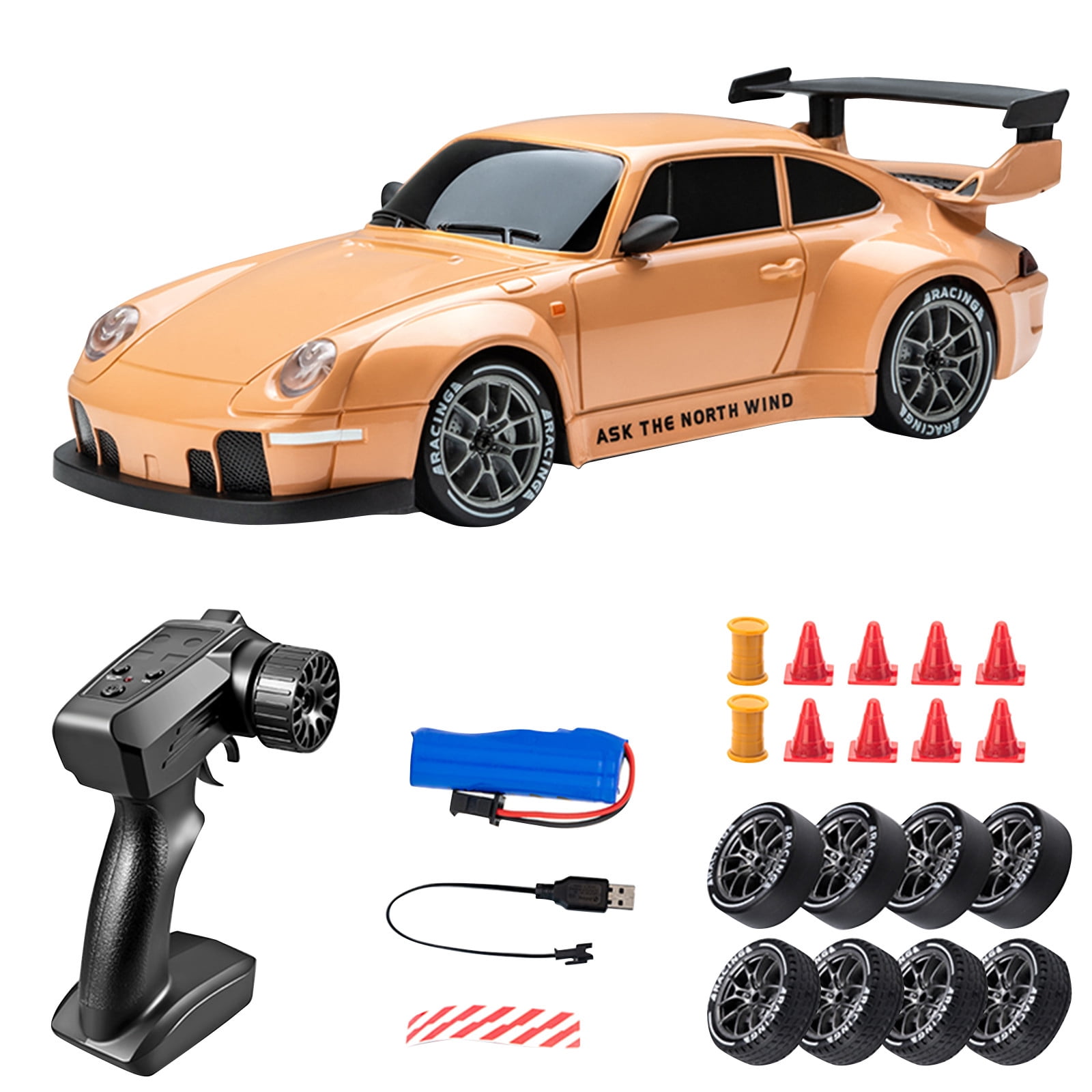 High-Speed RC Drift Car 1:10 Scale, 4WD Remote Control Car 30MPH with Drift Tires & LED Lights, Rechargeable USB Racing Car for Adults with Extra Tires, Professional Drift Racing Gift