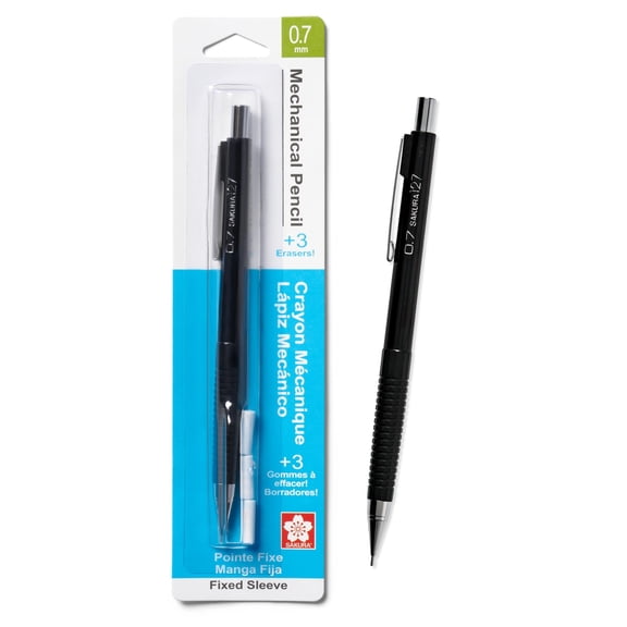 Sakura Mechanical Pencil 0.7 mm - Pencil with 3 Eraser Refills - Fixed Sleeve for Using Rulers and Templates - Black