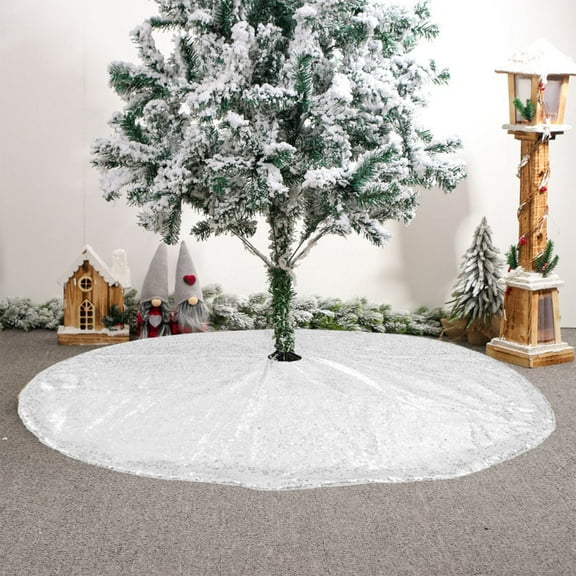 GOOHOCHY Silver Christmas Tree Skirt with Sequins for Decoration Polyester Cloth and PET Film 70 Characters