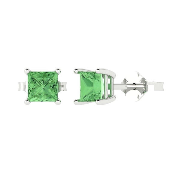 1 ct Push-Back Stud Earrings for Women | 4.5mm Princess Cut Simulated Green Diamond | 18K White Gold