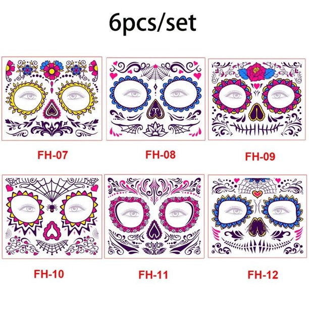 Tatuaje del Día de los muertos para Halloween, pegatinas temporales impermeables fluorescentes para la cara, Maquillaje, vestido, decoración, fiesta, Festival