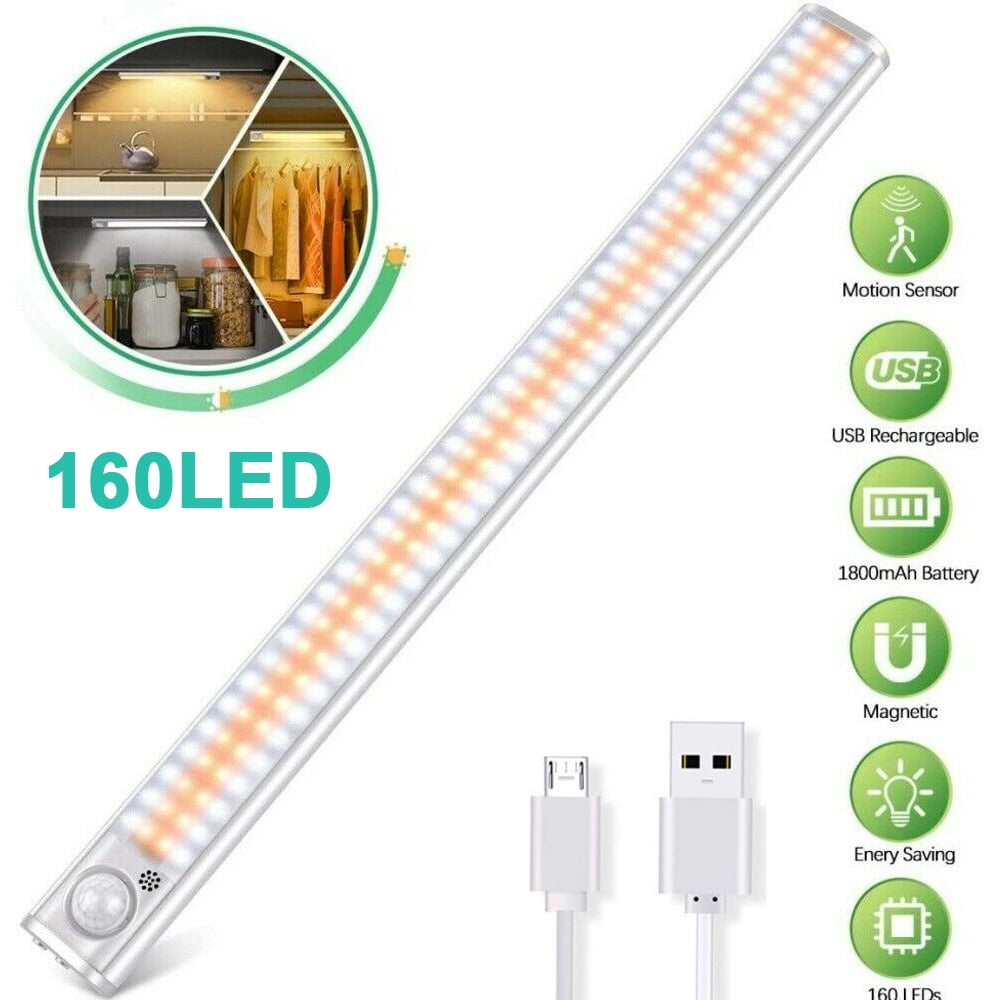 160LED USB Rechargeable Motion Sensor Cabinet Night Light Under Closet Lamp Bar 