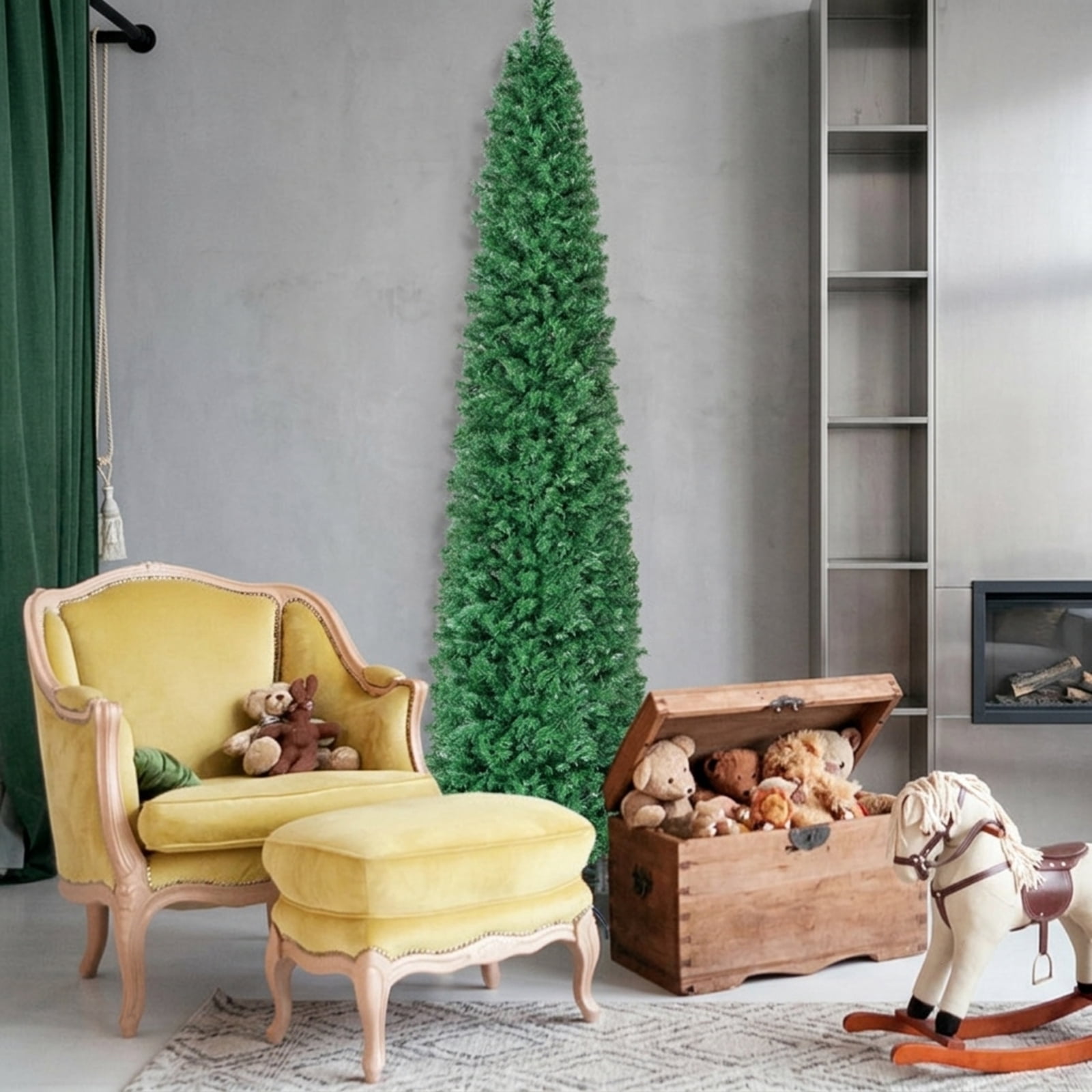 RUIE 8 ft Pre-Lit Pencil Christmas Tree, Slim Green Artificial Xmas Tree with Fiber Optic Lights and 889 Branch Tips for Corners