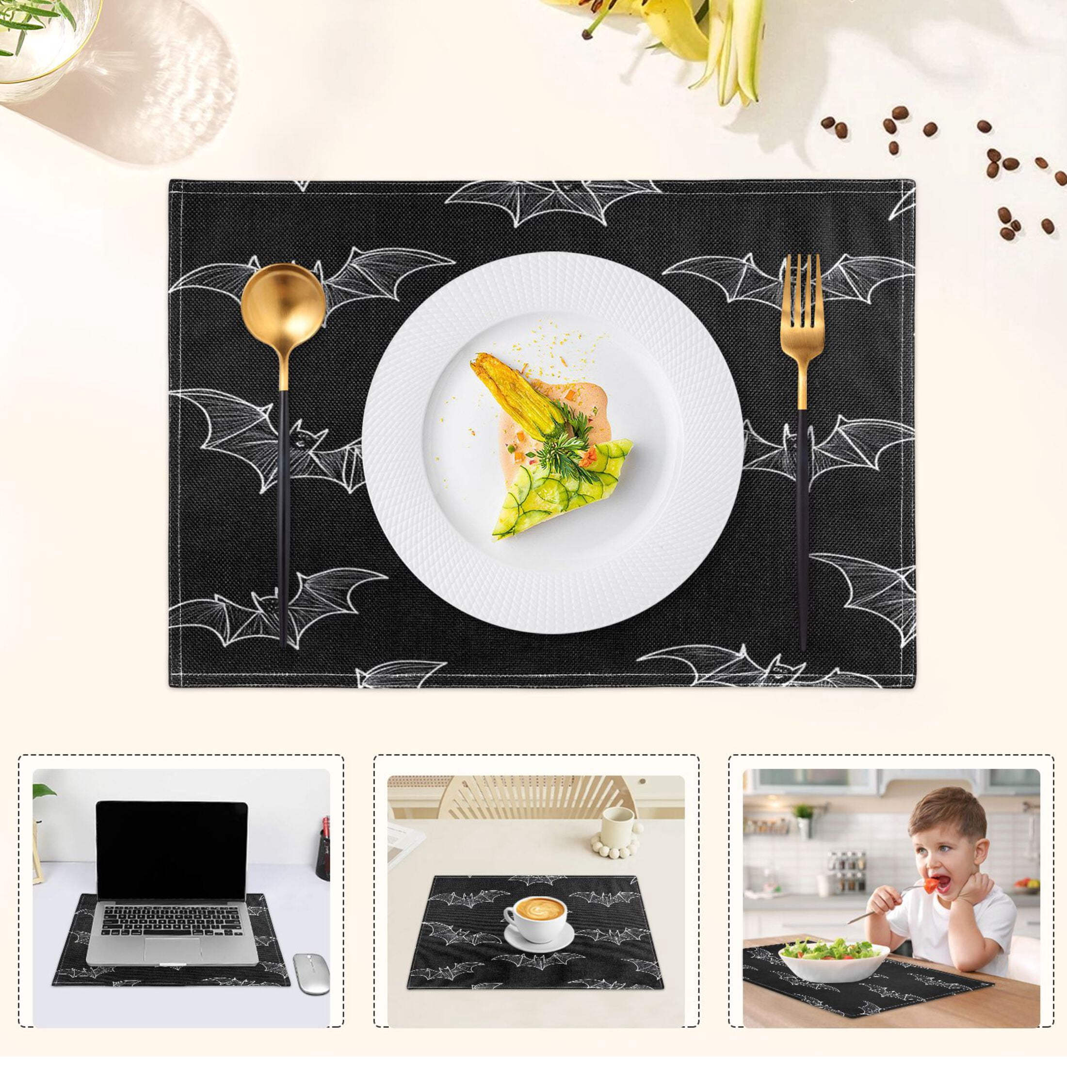 Black Bat Placemats Set of 6 Coffee Mats, Non Slip Backing 18x12 Inch for Home and Restaurants