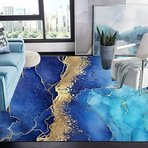 Soft Lightweight Area Rugs Modern Abstract Turquoise Gold Marble Area Rug For Living Room Bedroom Dining Room Washable Soft No-Slip Home Office Floor Carpet Indoor Outdoor Rug