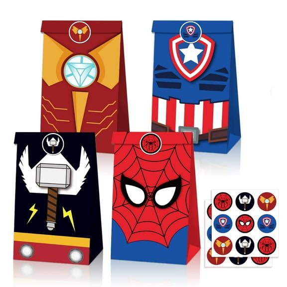 12 PCS Party Favor Candy Bags for The Avengers Themed Birthday Supplies Decor Kraft Paper Gift Bag.