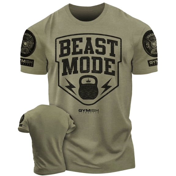 Gymish Beast Mode Workout Shirt for Men – Motivational Gym T-Shirt, Athletic Fitness Wear for Lifters, Military Green with Sleeve Logo, Small