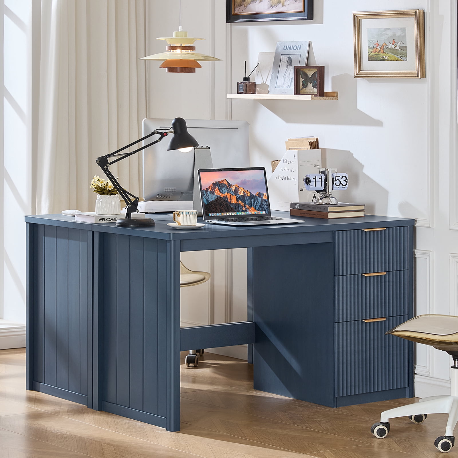 Joaxswe 48" Fluted Executive Desk, Modern Wood Home Office Desk with Storage Cabinet & File Drawer, Writing Study Computer Table for Work Study, Navy
