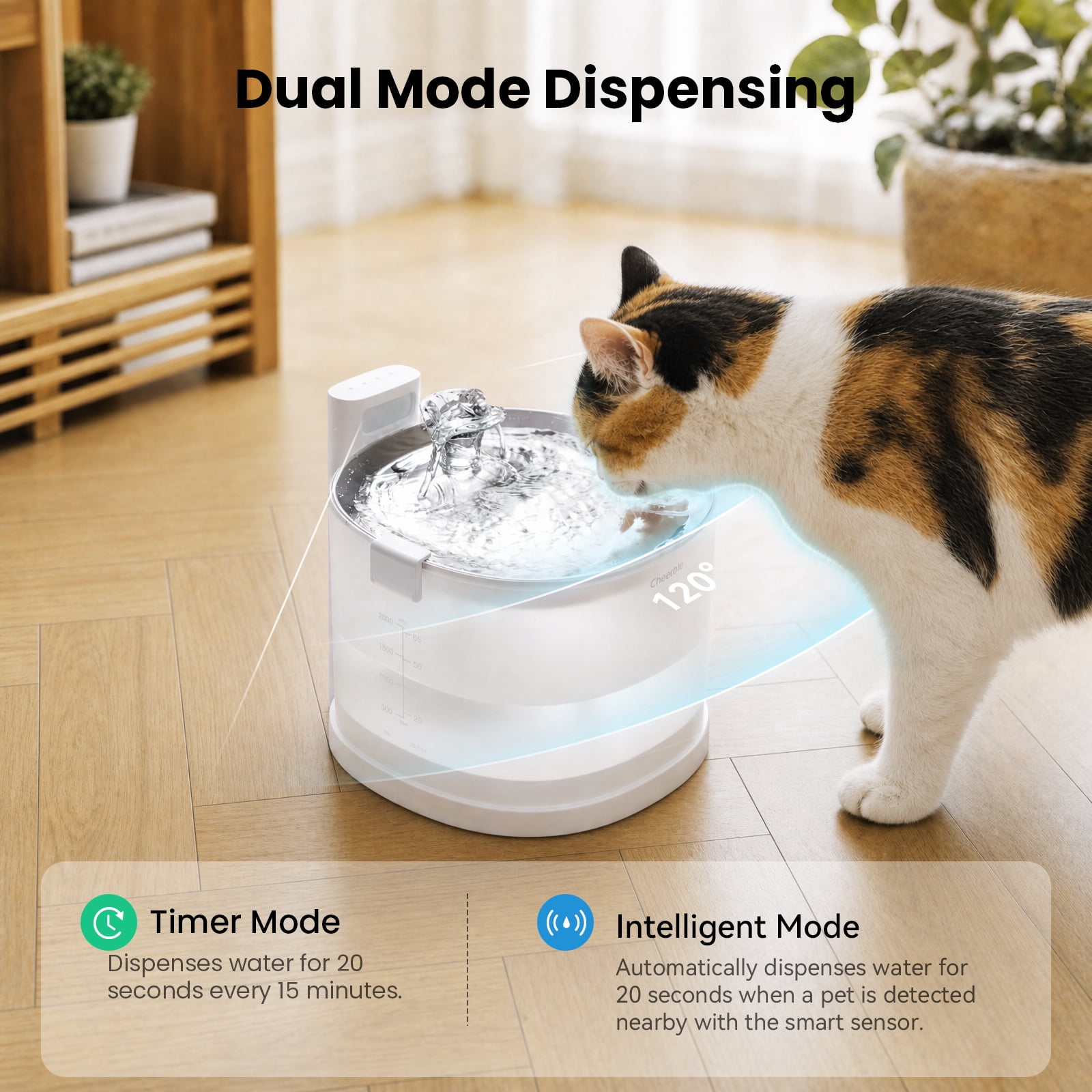 Cheerble Elfin E1+ 2 L Stainless Steel Wireless Pet Water Fountain with Multi-Layer Filter
