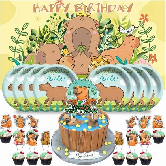 Capybara Birthday Cups Party Supplies Decor Backdrop Paper Plates Fans Decorations Banner