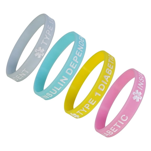 TYPE 1 DIABETIC INSULIN DEPENDENT Medical Alert ID Silicone Bracelet Wristbands Pastels 4 Pack