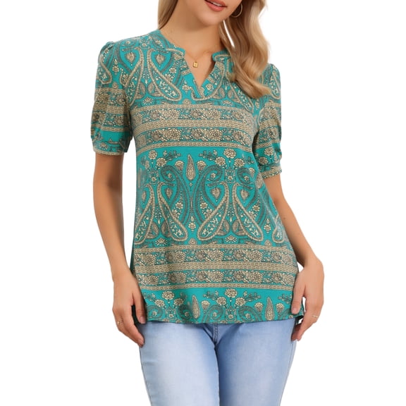 Floral Printed Tunic Tops for Women's Summer Short Sleeve Blouse Casual V Neck Shirts XS Blue