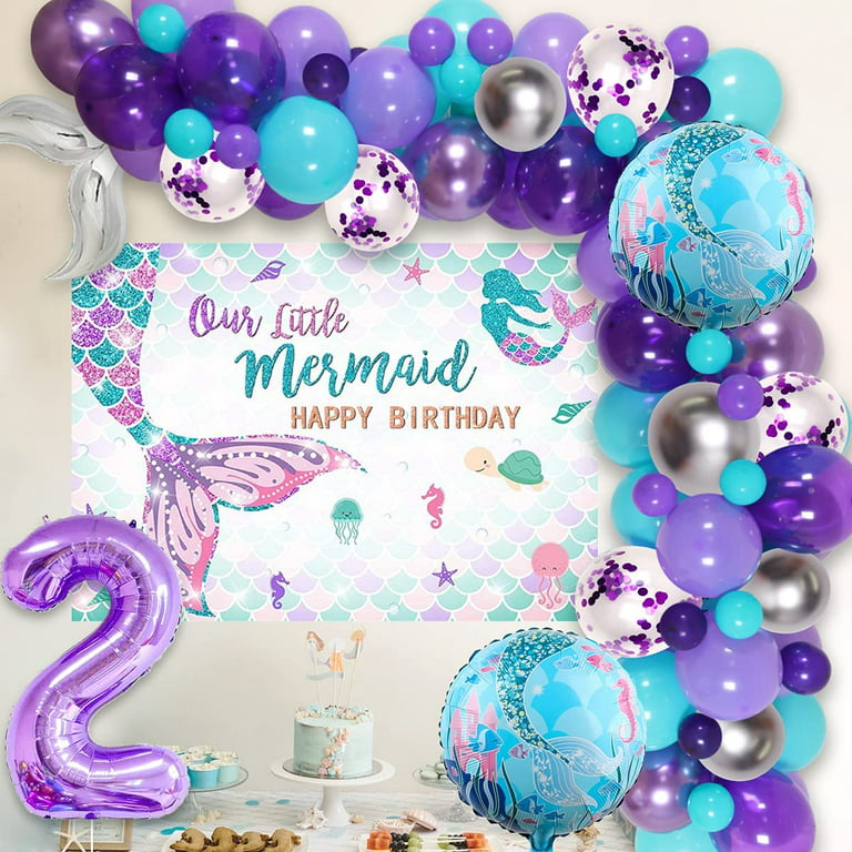 Mermaid 2nd Birthday Party Decorations for Girls Mermaid Tail Balloon  Garland Kit Blue Purple Silver with Happy Birthday Backdrop, Number 2 Foil