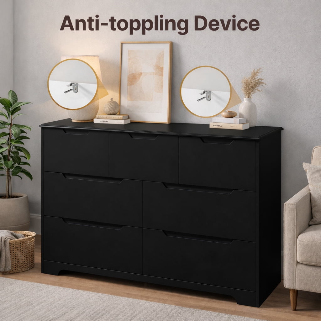 7-Drawer Dresser for Bedroom with Anti-Tip Design, 48" Handle-Free Modern Storage Chest - Premium Engineered Wood Dresser, Black