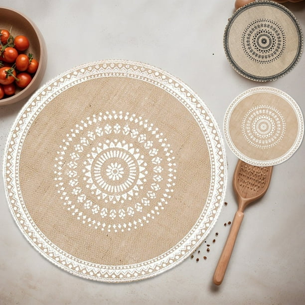 Mantelón de mesa con borlas de yute | Patrón geométrico redondo | Alfombrilla antiescaldante para aislamiento térmico | Lino natural | 15 pulgadas Negro Blanco | Decoración Duradera y Fácil de