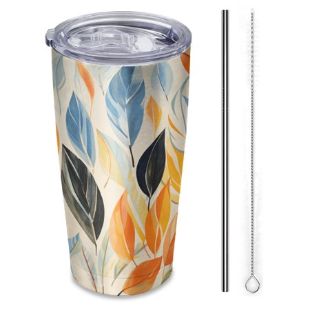 

leaves in orange and blue on white background Insulated Travel Tumbler 20 oz Car Cup with Reusable Straw & Brush Hot & Cold Beverage Cup for Office/Outdoor