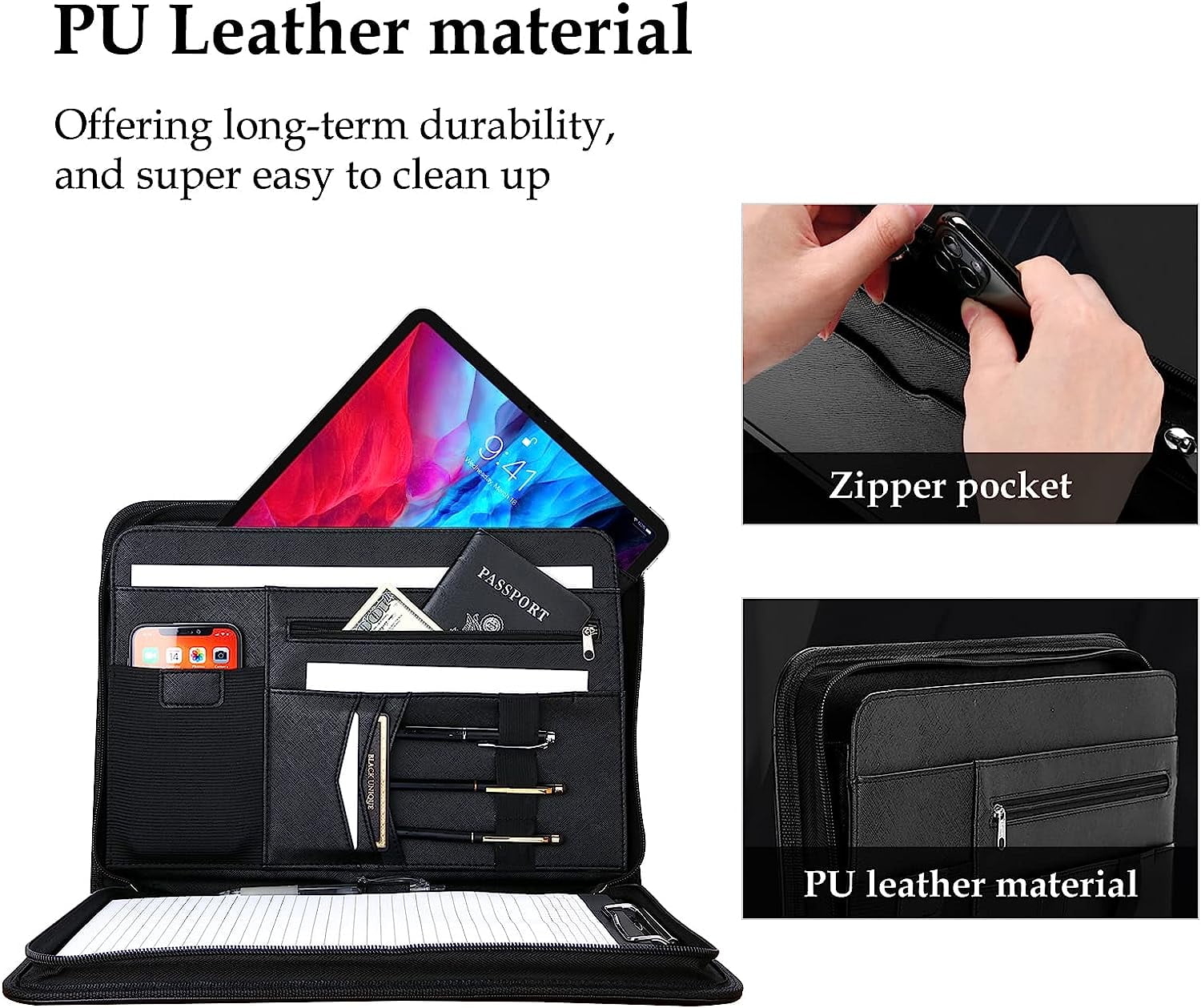 ProCase Portfolio Binder, Leather Padfolio File Folder Zipper Notepad Business Legal Document Holder with Tablet Sleeve, Phone Pouch, Card Organizer, Writing Pad -Black