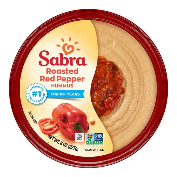 Sabra Roasted Red Pepper Fresh Hummus Dip, Non-GMO, Gluten Free, Vegan Hummus Spread, 8oz Tub