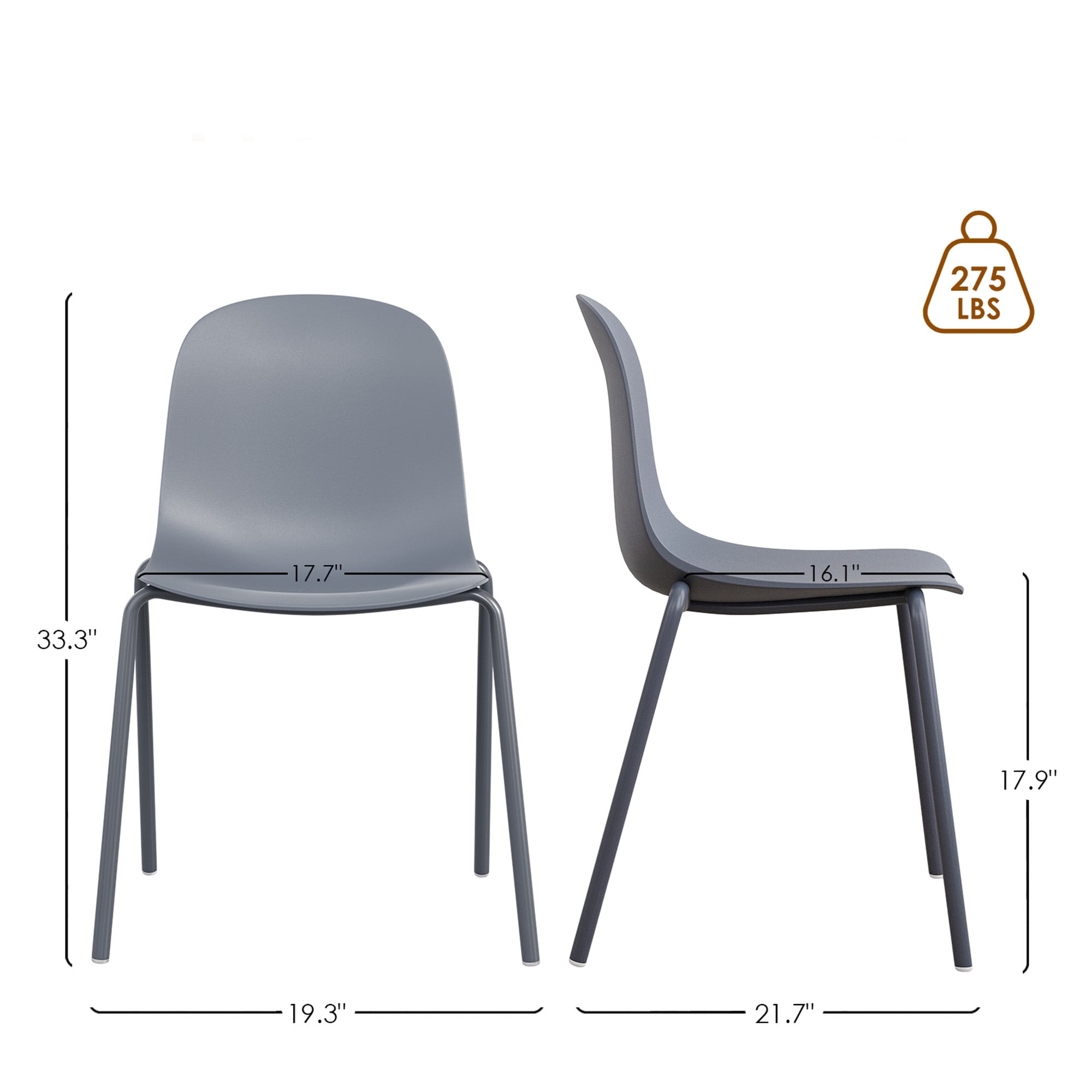 MAYEERTY Gray Set of 4 Modern Stackable Plastic Waterproof Dining Chairs, Metal Legs, Indoor/Outdoor Use