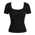thumbnail image 3 of idosla Women Y2k Short Sleeve Shirt Slim Fit Lace Trim Ribbed T-Shirt Aesthetic Clothes Cute Summer Tee Top for Teen Girls (Black, M), 3 of 6