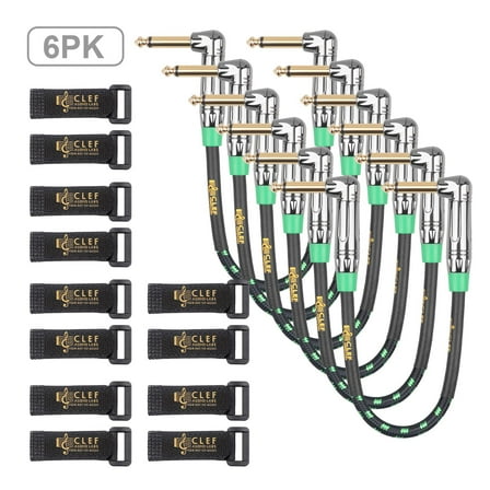 Clef Audio Labs 6.35mm TS to 6.35mm TS,  Guitar Patch Cable Green Braided - 6IN - 6PK