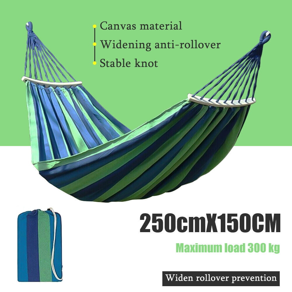 Double Hammock 2 People, with Two Anti Roll Balance Beam,DFITO Canvas Cotton Hammock with Carrying Bag Travel, Beach, Backyard etc (Blue Stripes)