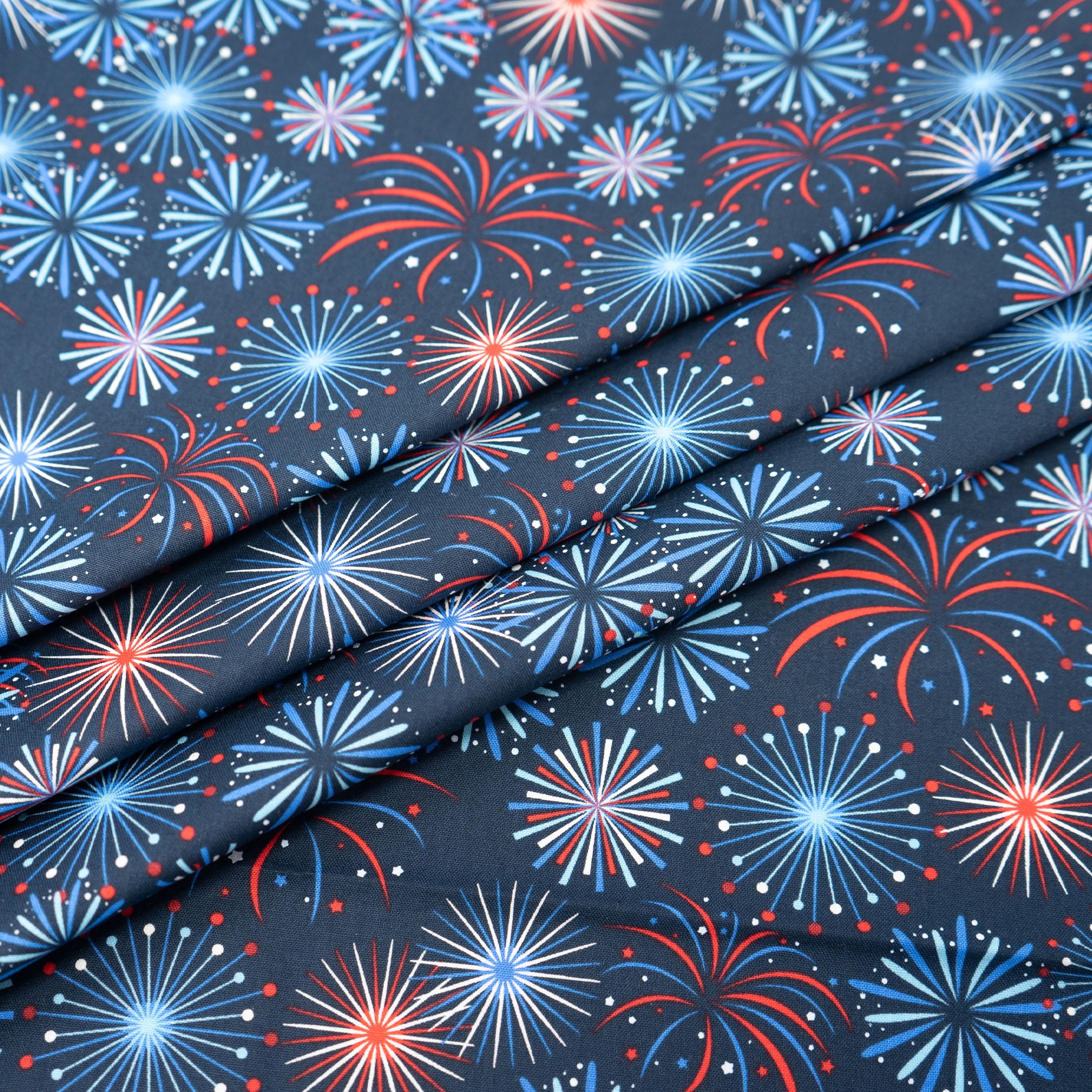 Singer, 100% Cotton, Patriotic Fireworks In Navy Sky, Cut by Yard