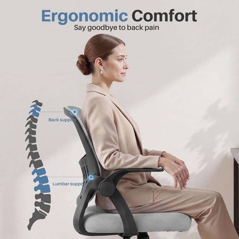 Simenmax Ergonomic Office Chair, Home Desk Computer Mesh Chair with Flip-Up Arms, Breathable Mid Back Chair for Small Spaces, Gray