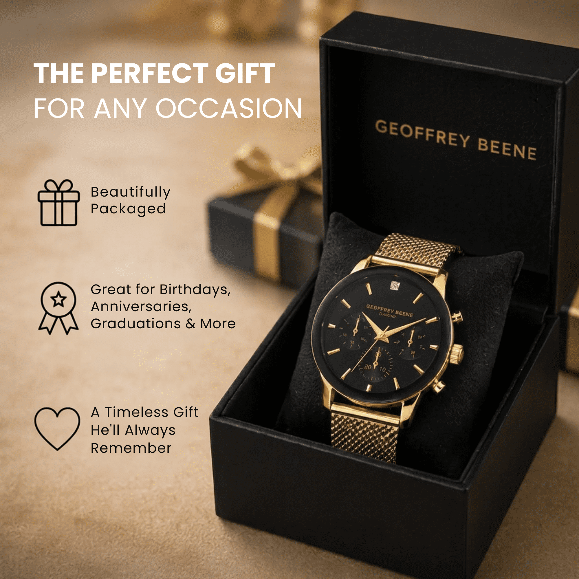 Men’s Gold Chronograph Watch – Stainless Steel Mesh Band, Luxury Dress Watch for Men, Quartz Movement, Water Resistant, Elegant Gift for Him
