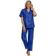 thumbnail image 4 of DAKIMOE Silk Satin Pajama Set for Women Short Sleeve Two Piece Button Down Pjs Sleepwear Soft Loungewear Nightwear, Royal Blue Leopard Print, 4 of 8
