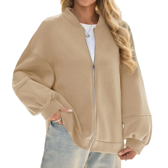 Lanrern Sleeve Solid Color Women Zipper Up Bomber Jacket Coat