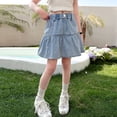 thumbnail image 5 of Girls Light Wash Denim Mini Skirt Elastic High Waist Ruffle Tiered Flared Jean Skirt with Pearl Decor Side Pockets Casual Summer Back to School Daily Kids Fashion Skirt, 5 of 6