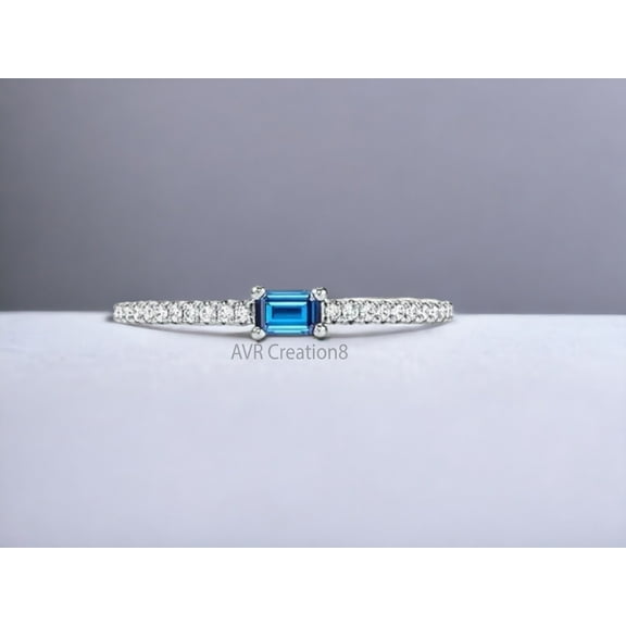 Blue Topaz & Diamond Baguette Cut Engagement Ring, 925 Sterling Silver December Birthstone Stacking Ring