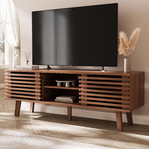 Mid-Century Modern TV Stand for 50/55/60 inch TV, Retro Entertainment Center with Storage Cabinet & Sliding Door, TV Stand for Living Room, Bedroom