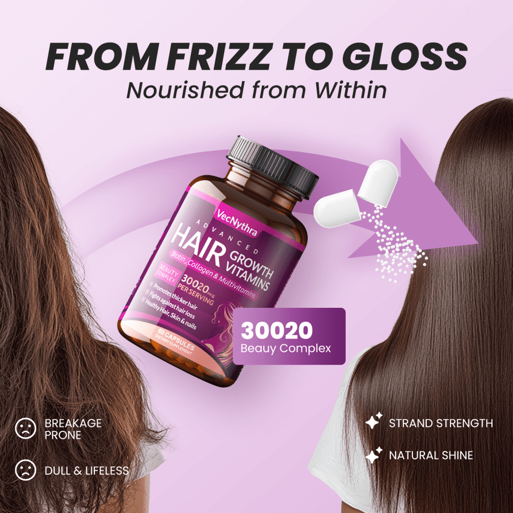 VecNythra Hair Growth Vitamins for Women | Biotin 10,000mcg, Collagen, , Saw Palmetto | Naturally Regrow Stronger & Healthier Hair, Skin and Nails | Stops Hair Loss,2-Pack