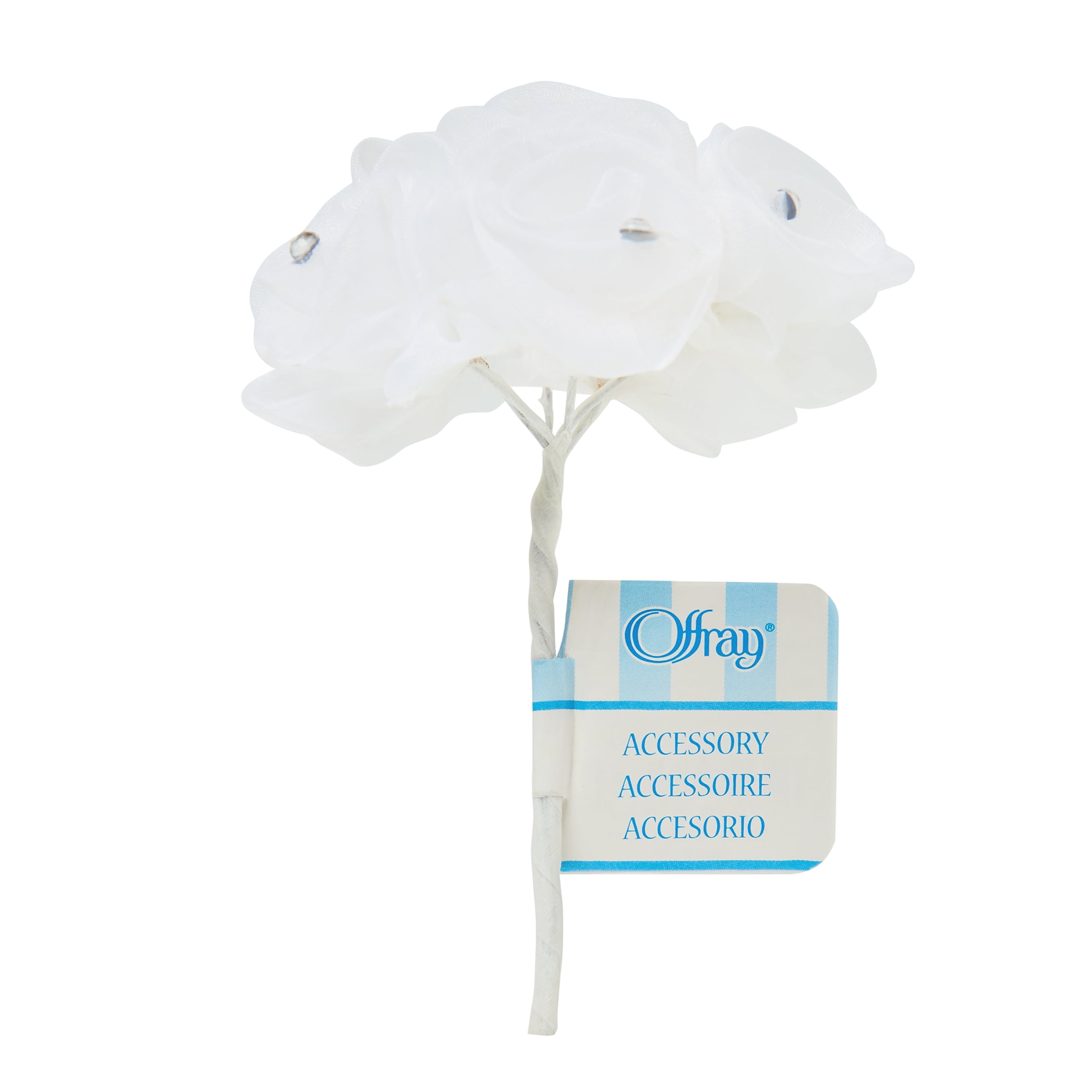 Offray White 6 Small Sheer with Gem Center Flower Cluster features a wire that allows for easy fastening to headbands, hair clips and other crafts, 1 Each