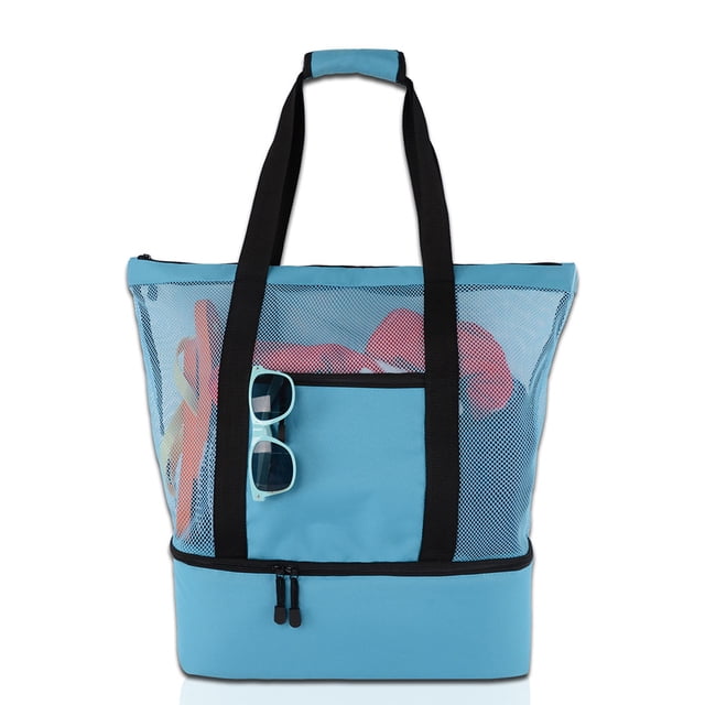 Matsuzay Bolso de playa 2021, bolso de mano de malla con bolsa térmica aislada, bolso de mano para caminar en la playa, vacaciones de verano, Almacenamiento y organización del hogar azul Matsuzay HA005282-02