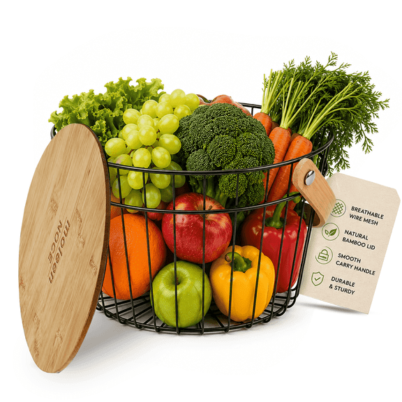 Moleen NOCE Black Metal Fruit Storage Basket with Bamboo Lid, Kitchen Counter