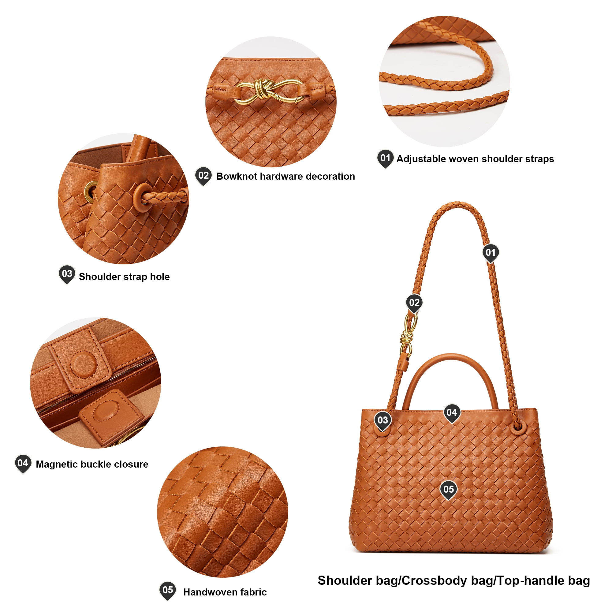 Woven Bags for Women Crossbody Handbag: Vegan Leather Small Tote Purse - Trendy Shoulder Handbags and Purses - Bowknot Satchel Purses (Brown)