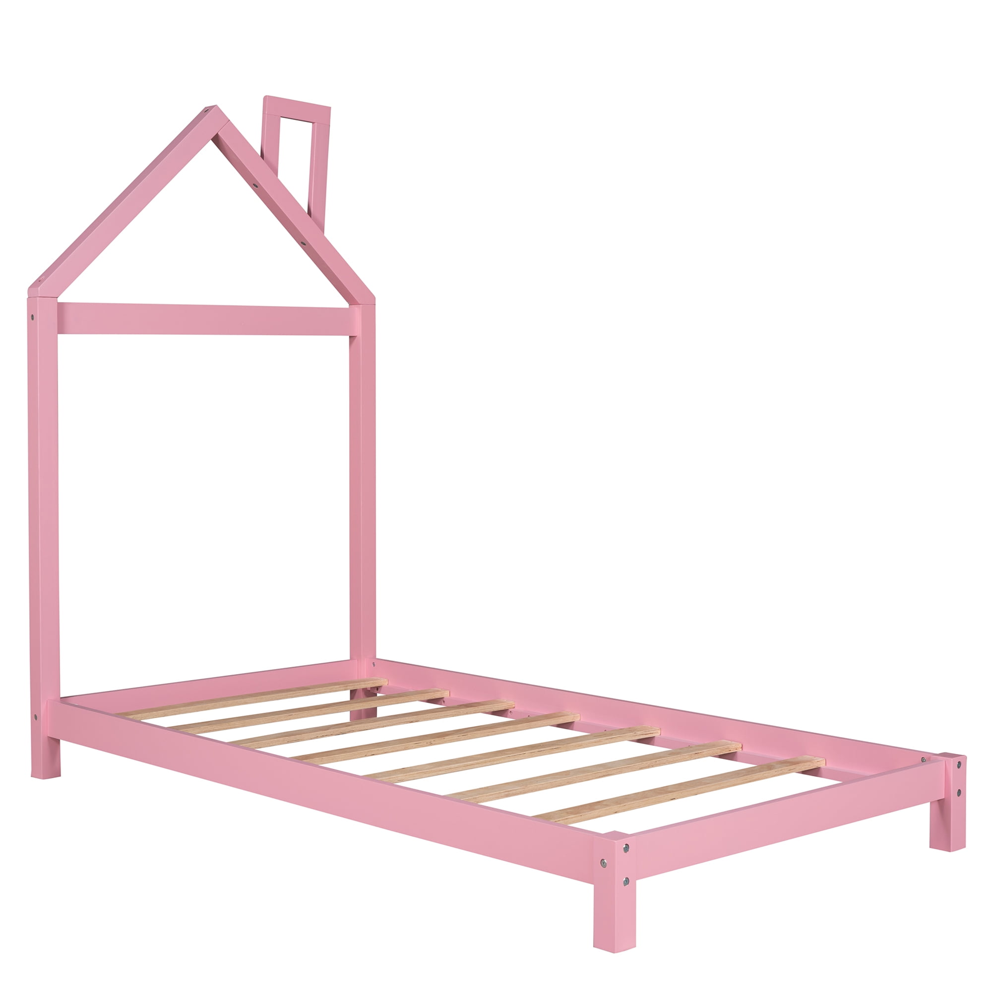 Gewnee Solid Wood Twin Size Platform Bed Frame with House Shaped Headboard for Kids Bedroom,Pink