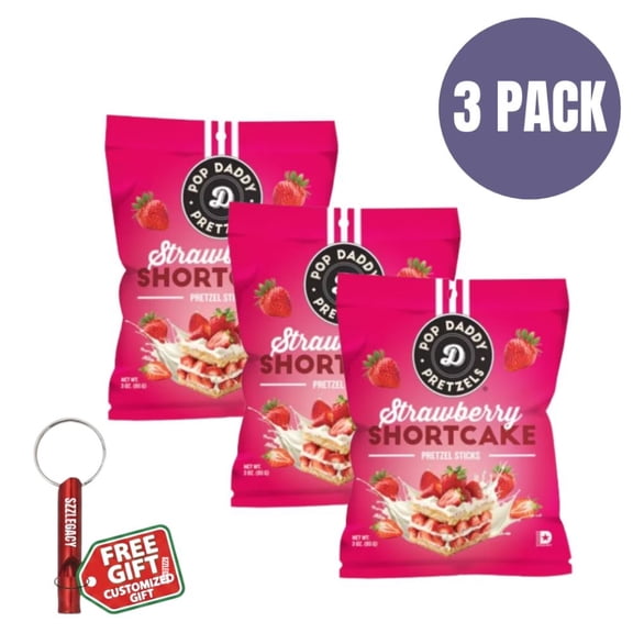 Pop Daddy Pretzels Strawberry Shortcake Seasoned Pretzel Sticks, 3 oz Bag (Pack of 3) Bonus Customized Emergency Whistle - Limited Edition Candy Flavor, Sweet Creamy Berry Sourdough Snacks