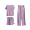thumbnail image 2 of Sakmal Soft Women Pajama Sets 3pc Short Sleeve Comfy Top and Pants Lightweight Loose Fit Solid Lounge Round Neck Women Loungewear Set, 2 of 6