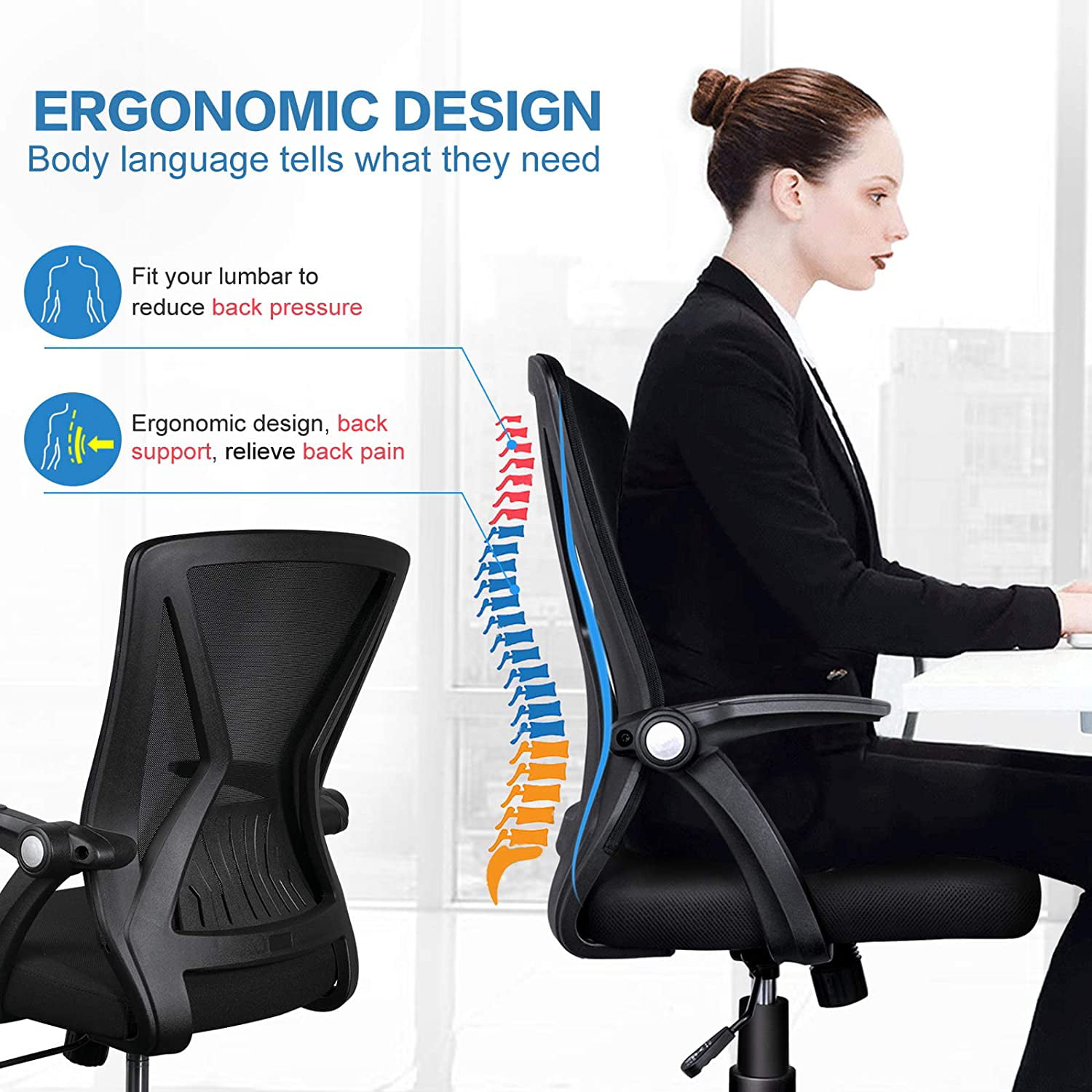 KOLLIEE Mid Back Mesh Office Chair Ergonomic Swivel Black Mesh Computer  Chair Flip Up Arms with Lumbar Support Adjustable Height Task Chair
