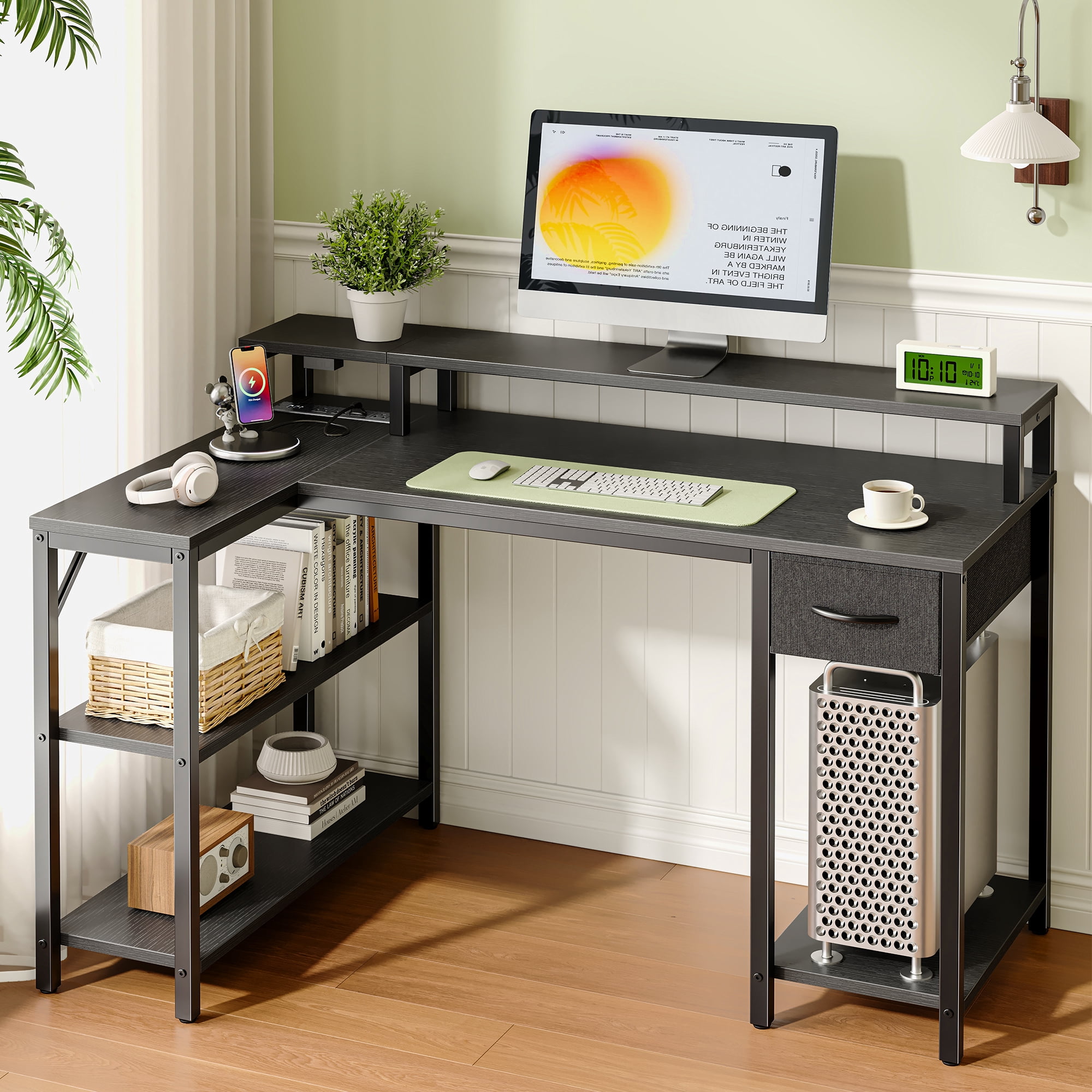 Amadwell 47 Inch L Shaped Desk with LED Strip, Corner Gaming Desk with Power Outlet, Drawer & Shelves