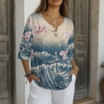 thumbnail image 3 of Xoenoiee Cherry Blossom Sea Waves Print 3/4 Sleeve Shirts for Women Casual V Neck Boho Summer Loose Fit Linen Button Tunic Blouse Shirts, 4XL, 3 of 7
